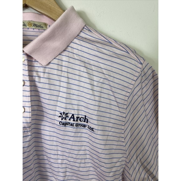 Peter Millar Men’s  Polo Shirt Size Large Pink Striped (Company Logo) - Picture 2 of 6